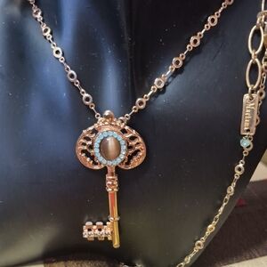 Vintage Mariana Gold Ornate Key Necklace with Turquoise and Brown Gemstones